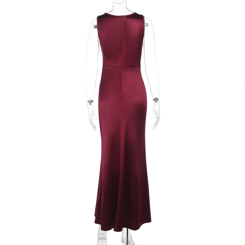 Women Sexy V Neck Satin Slit Strap Dress 11
