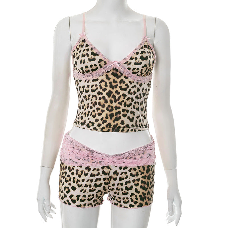 Leopard Print Patchwork Lace Bowknot Strap Top Contrast Color Shorts Two-Piece Set 7