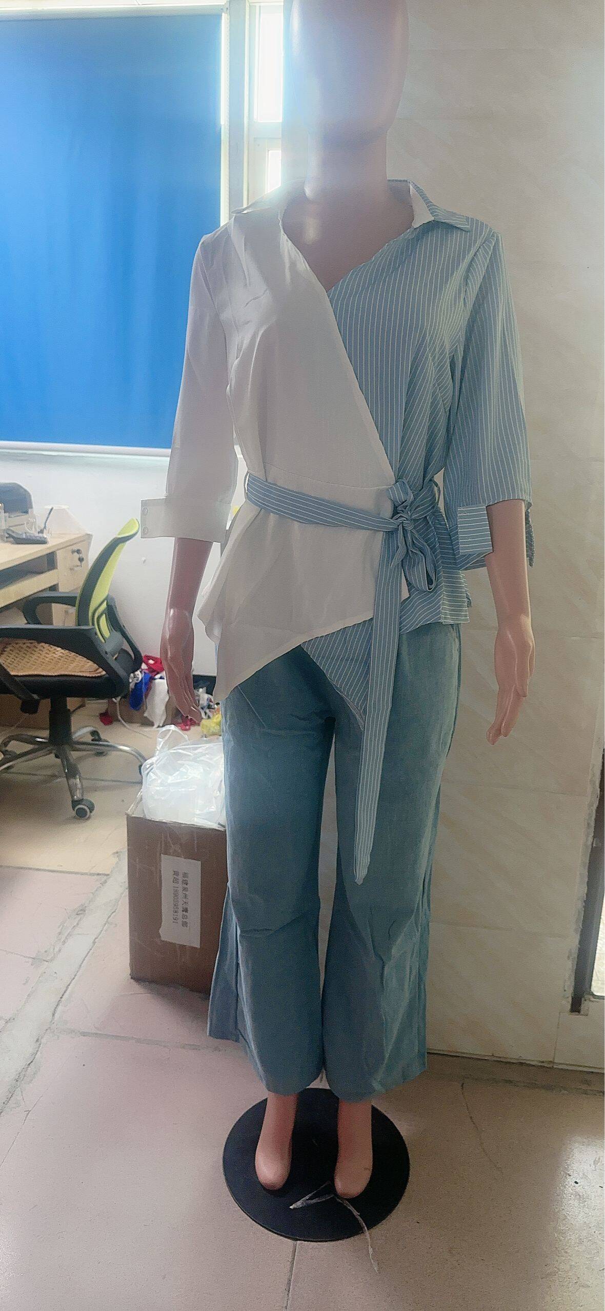 Plus Size Women Spring Patchwork Fake Two-Piece Shirt and Denim Pant Two-Piece Set 6