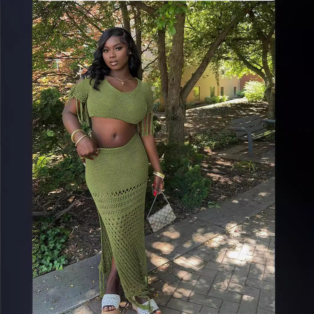 Women Knitting Hollow Tassel Sexy Top and Long Skirt Two-piece Set