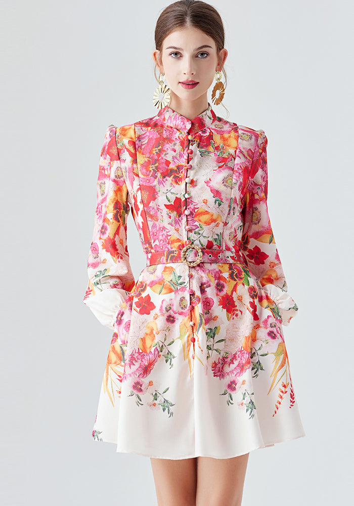 Women's Print Long Sleeve Lantern Sleeve Stand Collar Single-Breasted Short Dress With Belt