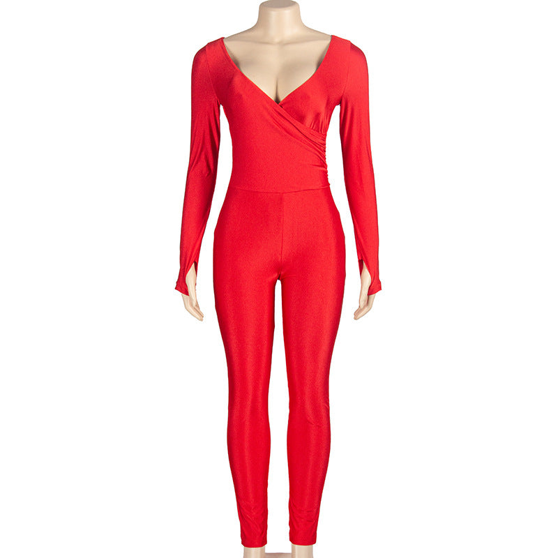 Women Autumn SolidV Neck Long Sleeve Sexy Jumpsuit 8