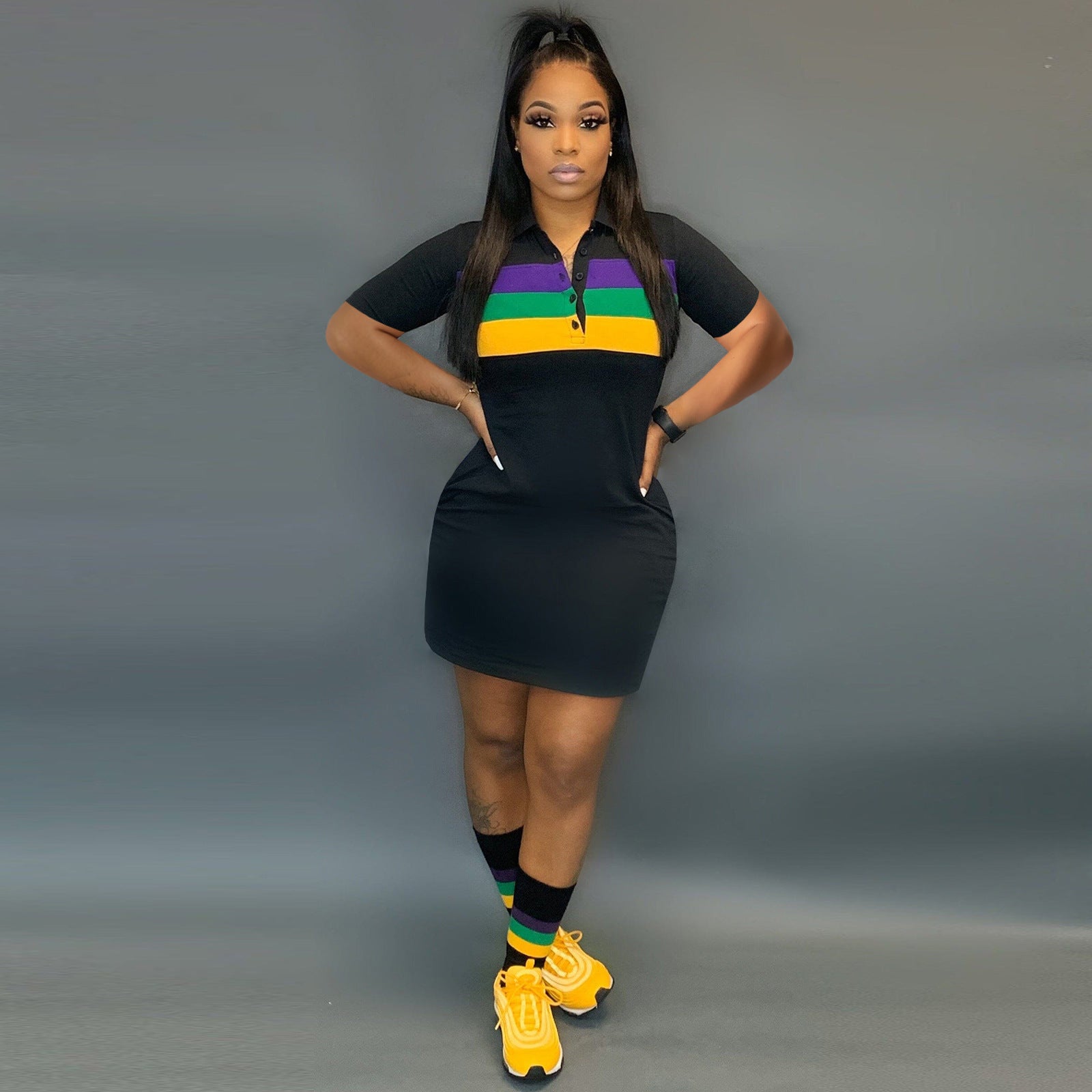 Women Career Printed Shirt Collar Short Sleeve Dress 3