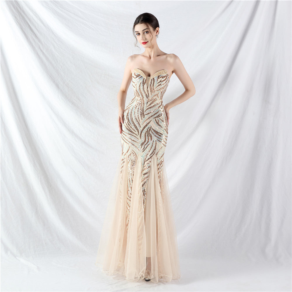 Sequin Mesh Patchwork Strapless Mermaid Evening Dress 5
