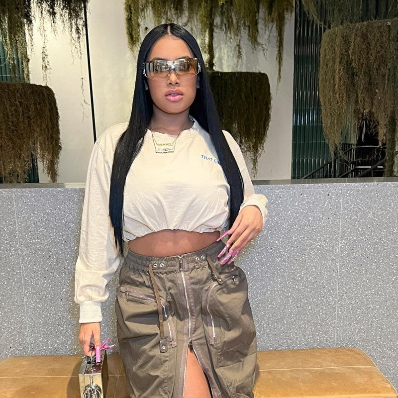 Women Autumn Solid Round Neck Embroidered Letter Long Sleeve Crop Top 6