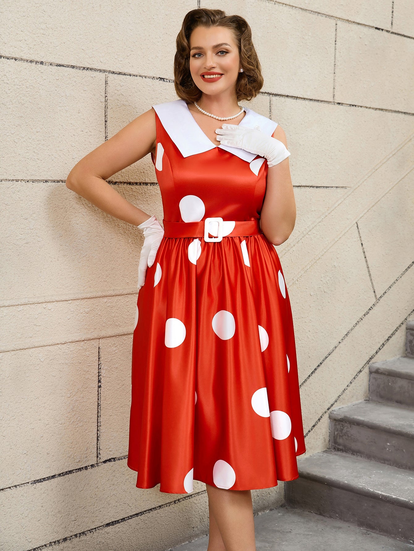 Plus Size Wedding Satin Turned-Down Collar Sleeveless Polka Dot Party A-Line Dress 7