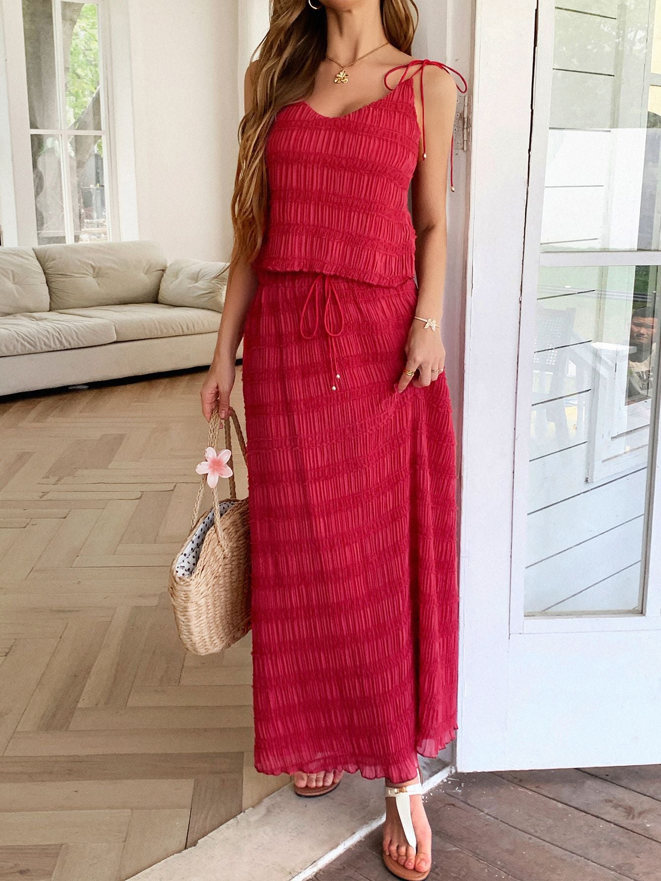 Elegant Lace-Up Ruffle Halter Top & A-Line Skirt Set for Summer