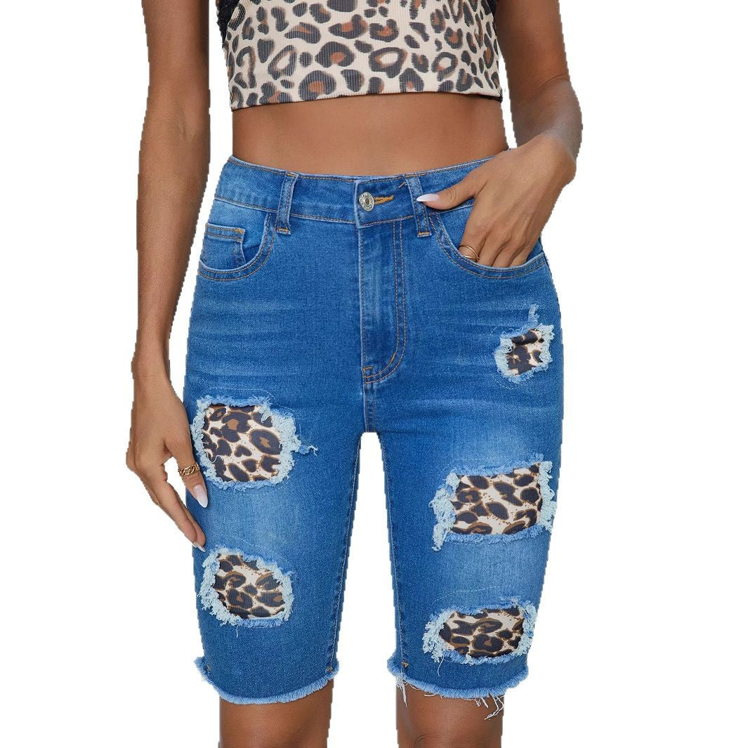 Women's Summer Street Leopard Patchwork Stretch Mid Knee-Length Shorts Ripped Washed Denim Pants 6