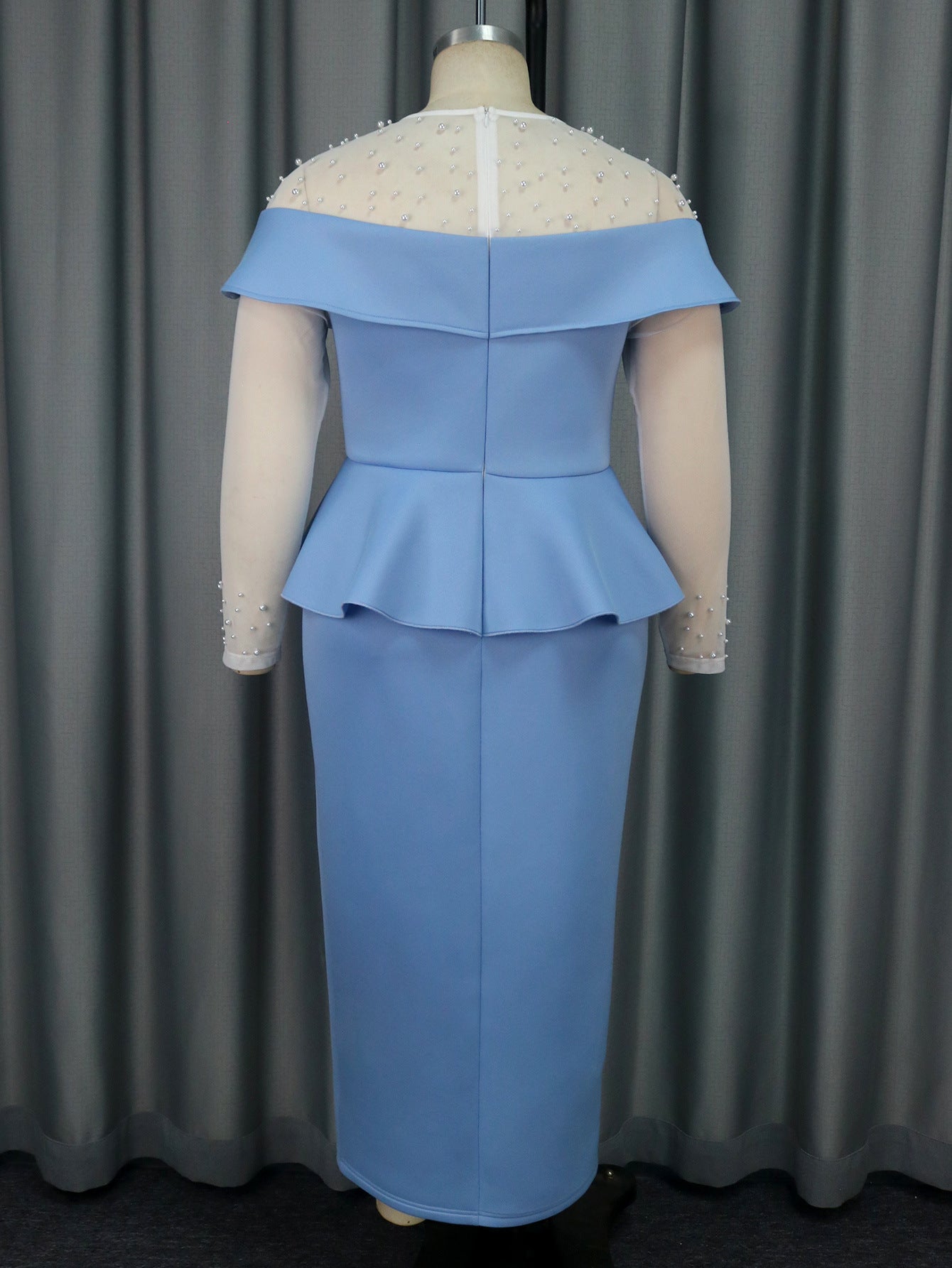 Elegant Beaded See-Through Long Sleeve Peplum Formal Party Dress 6