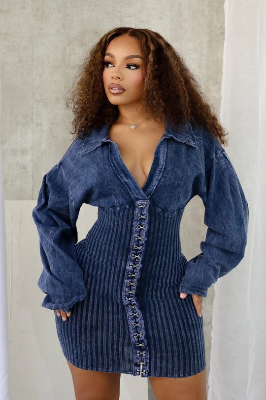 Deep V Women's Slim Patchwork Long Sleeve Denim Dress 3