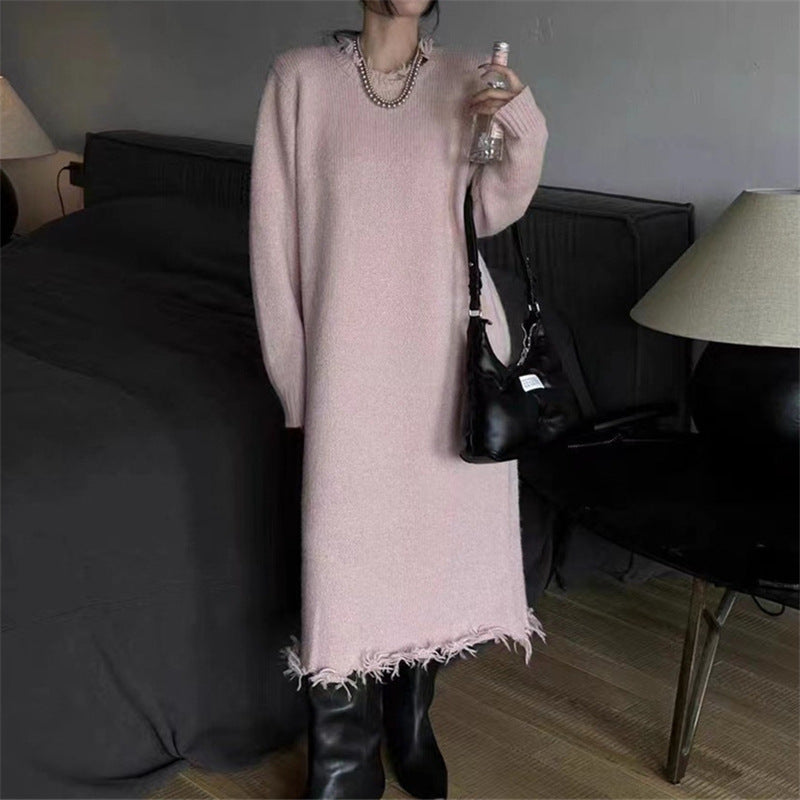 Long Ripped Raw Edge Knitting Dress Women's Autumn And Winter Loose Long Sleeve Basic Shirt 8