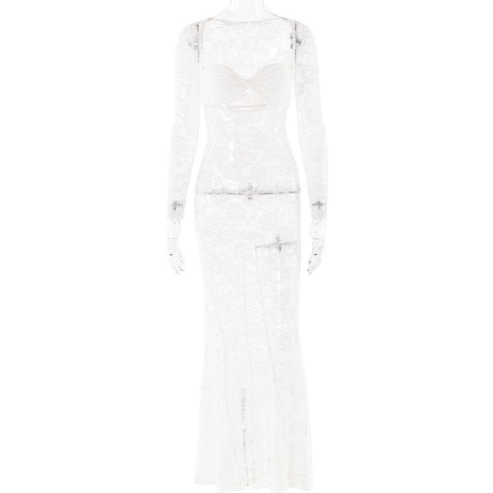 Women sexy lace See-Through long-sleeved dress 7