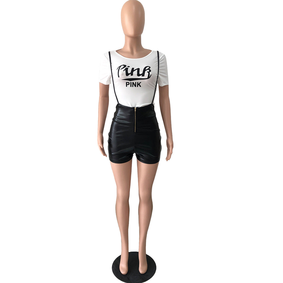 Women Short Sleeve Printed T-Shirt And Stretch Pu Leather Suspender Jumpsuit Two Piece Set 20