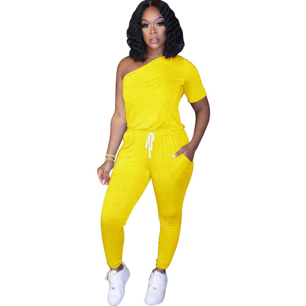Sexy Women's Slash Shoulder Half Sleeve Solid Color Slim Fit Women's Sports Jumpsuit 11