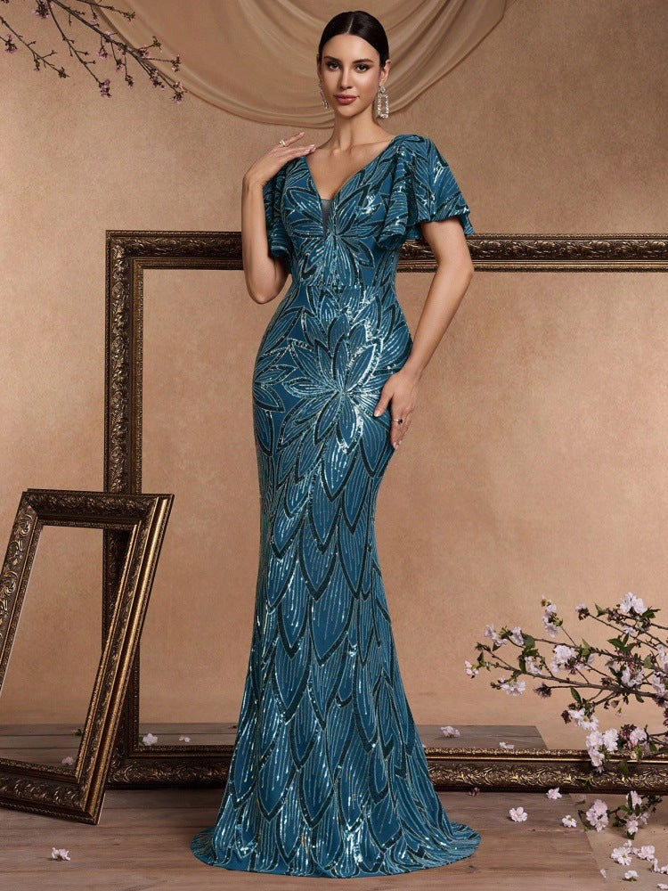 Women's Spring/Summer Luxury Elegant Short Sleeve Sequin Mermaid V-Neck Chic Formal Cocktail Evening Dress 4