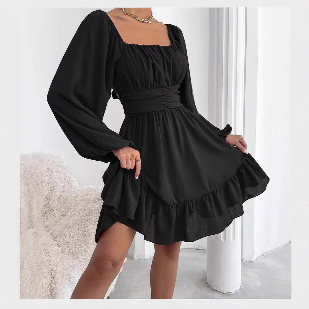 Women's Sexy Fashion Solid Color Lace-Up Bell Bottom Sleeve Ruffle Jumpsuit 3