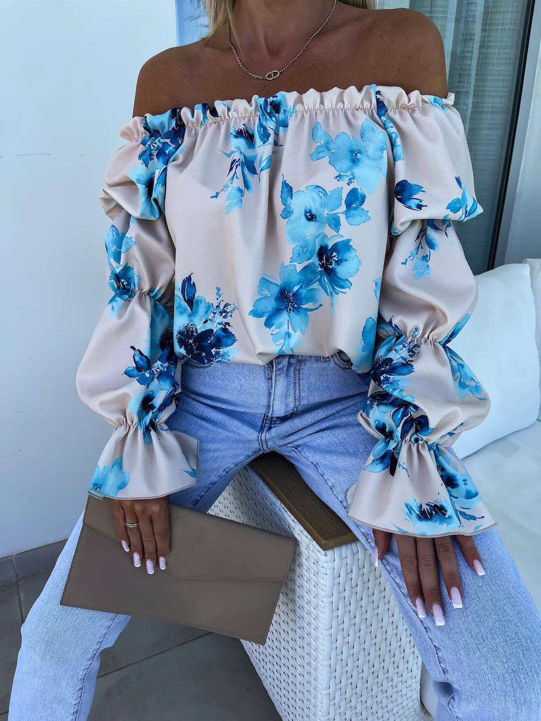Off Shoulder Long Sleeve Printed Loose Women Casual Top 4