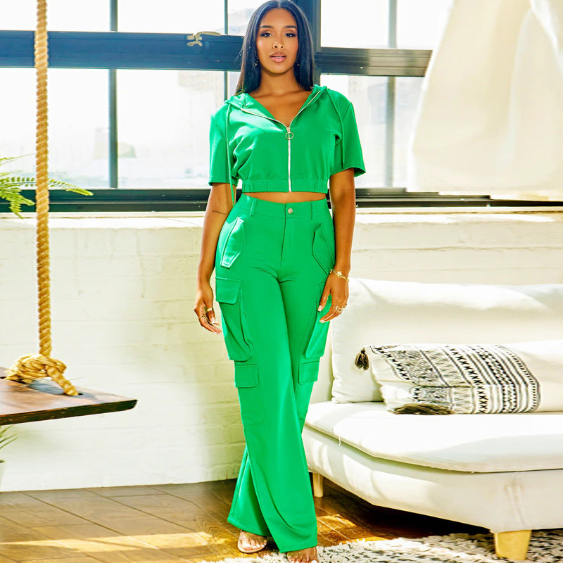 Fashion Casual Women's Short Sleeve Hooded Top Pocket Cargo Pants Women's Two Piece Set 5