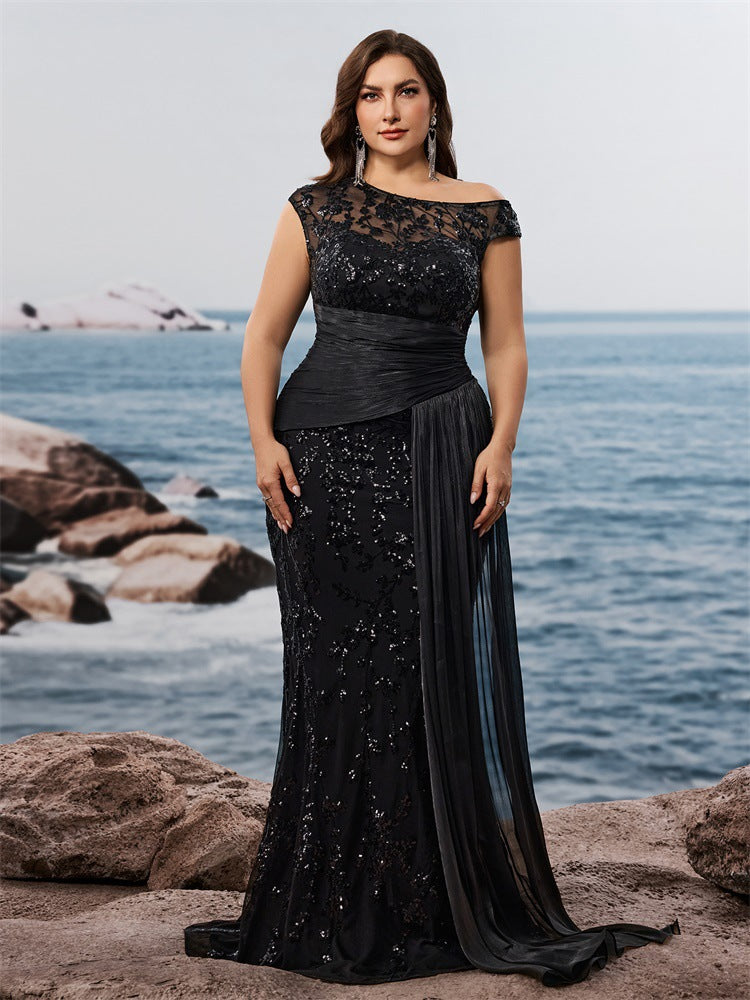 Plus Size Women's Elegant Sequin Patchwork Fitted V-Neck Sleeveless Evening Dress Mother of the Bride Gown