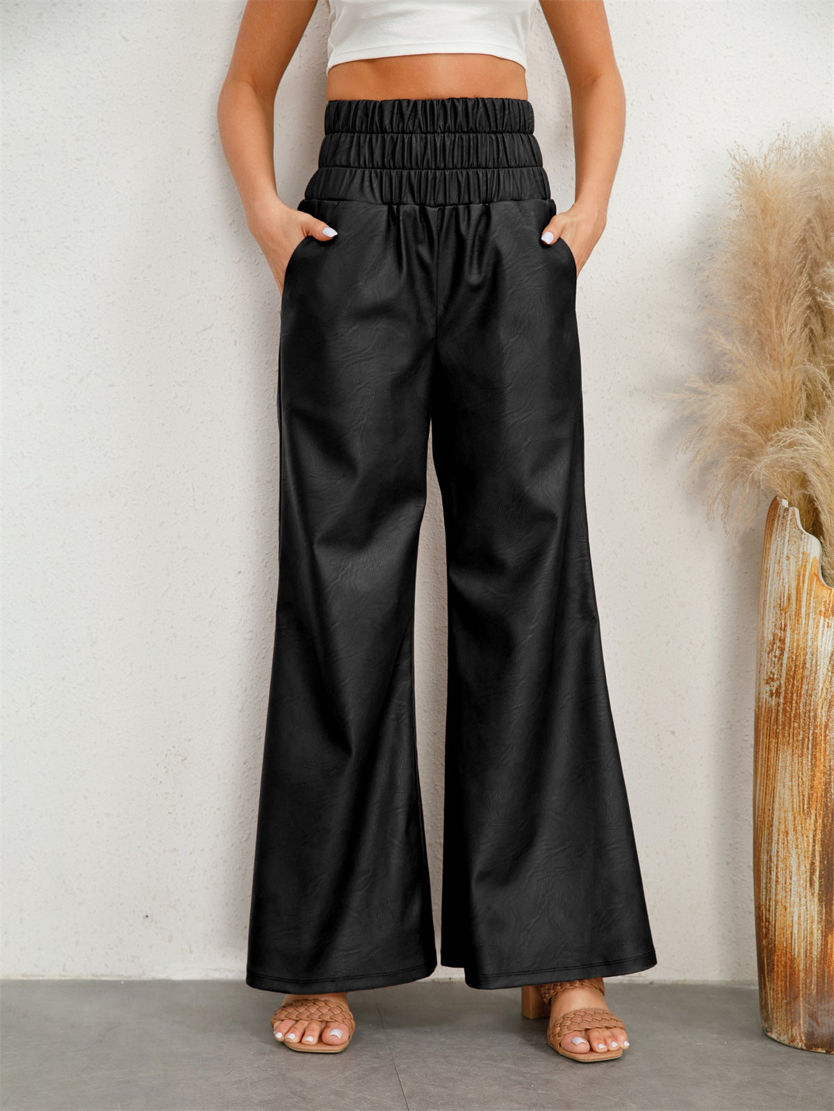Autumn And Winter Fashion Street High Waisted Wide Leg Pu Leather Women's Pants 4