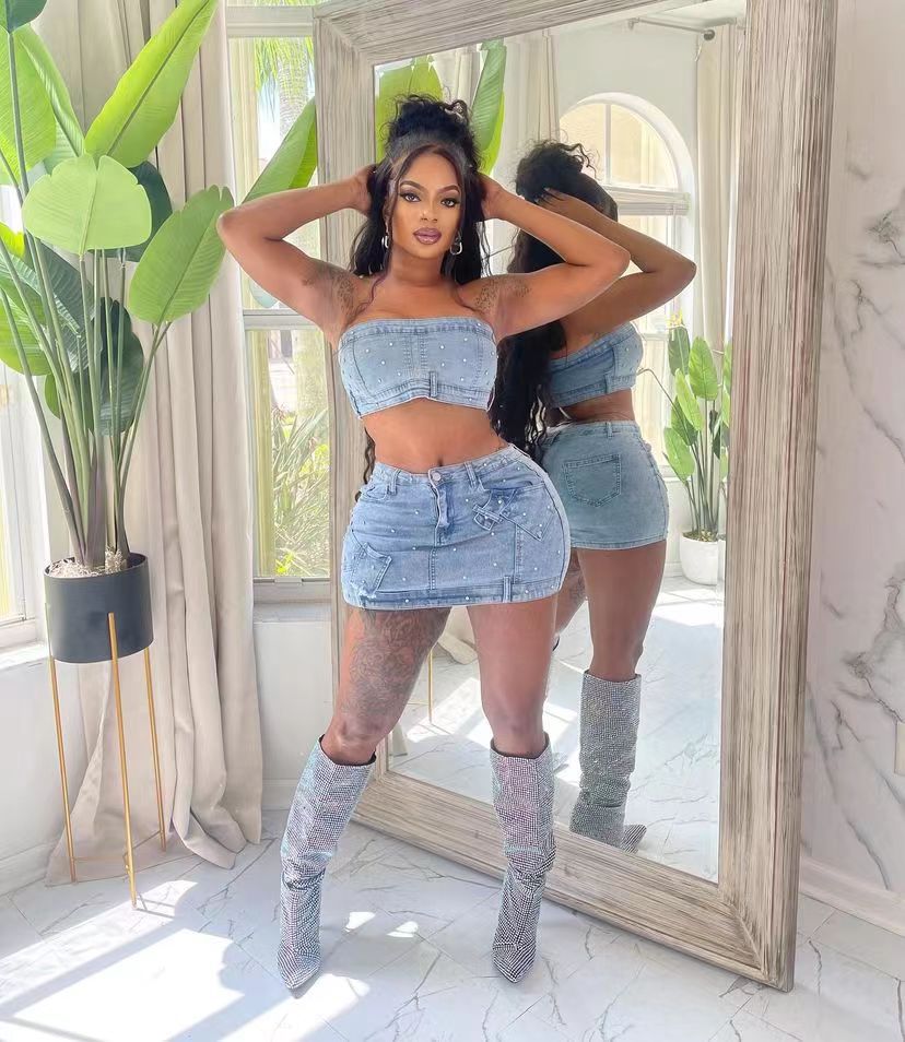 Fashionable Women's Clothing Beaded Strapless Stretch Denim Two Piece Skirt Set