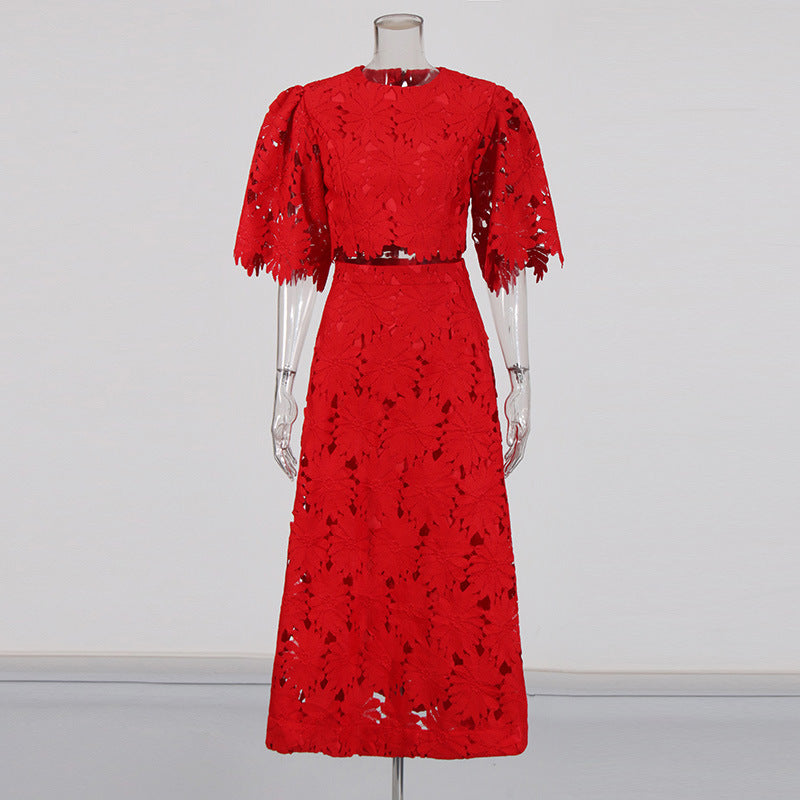 Women's Summer Elegant Embroidered Hollow Round Neck Top Fashion High Waist Skirt Two-Piece Set