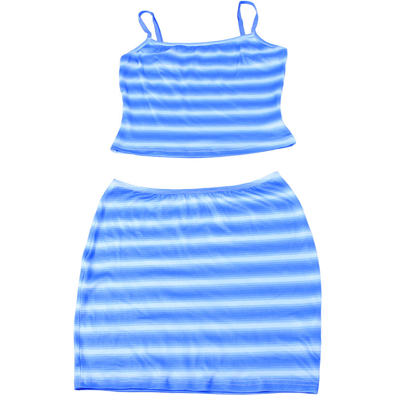 Women Summer Sexy Striped Tank Top and Skirt Two-piece Set 9