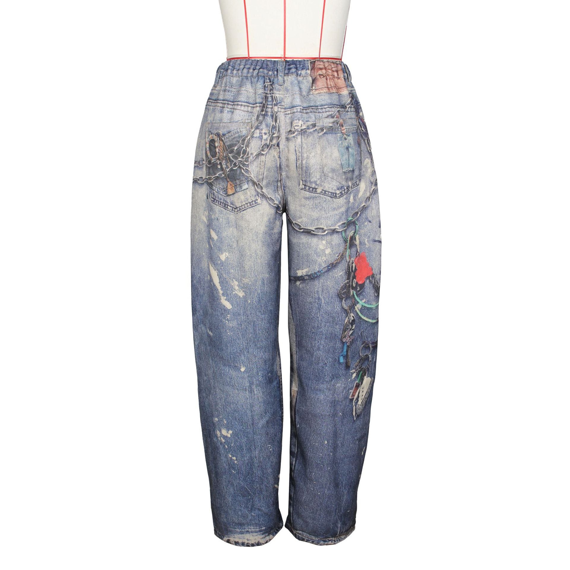 Denim Leather Print Wide-Leg Pants for Women 18