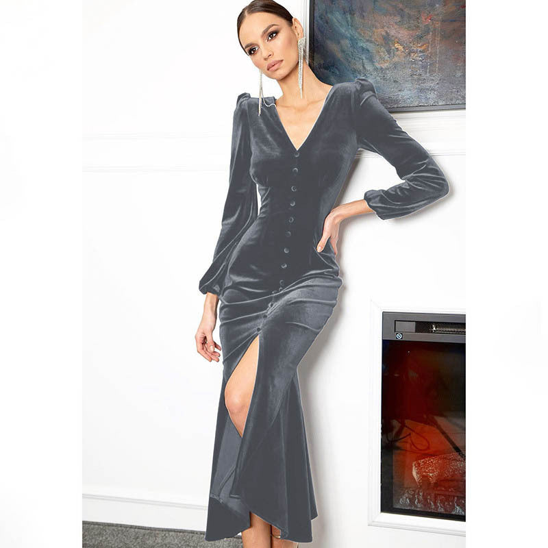 Women Autumn Knittingv Collar Solid Padded Shoulder Long Sleeve Slit Evening Dress 3