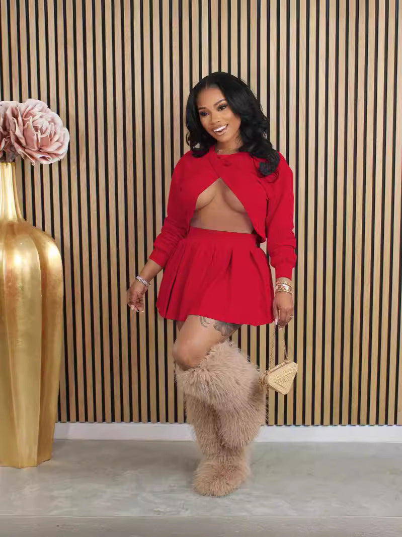 Women's Summer Low Back Top Pleated Skirt Two-Piece Set 8