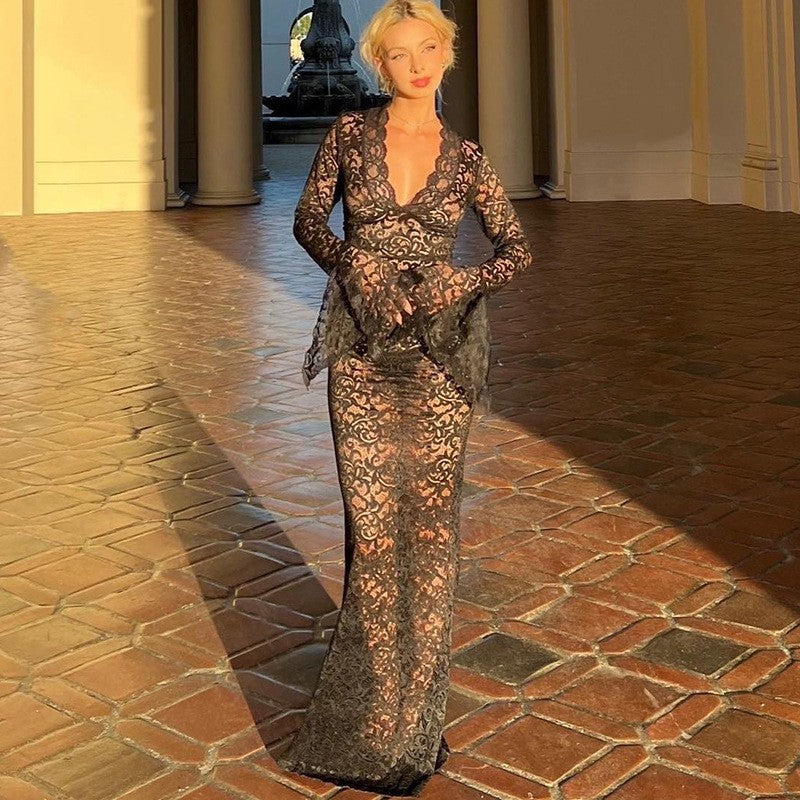 Women Sexy Deep V Neck See-Through Lace Slim Long Sleeve Long Dress 6