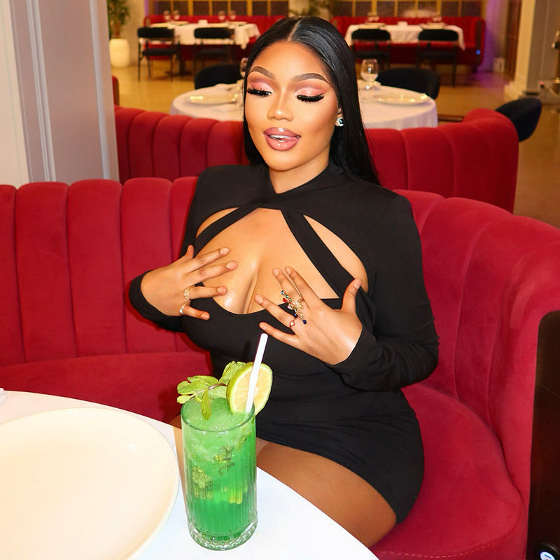 Women's Solid Color Hollow Out Sexy Fashion Long Sleeve Slim Waist Bodycon Short Dress 3