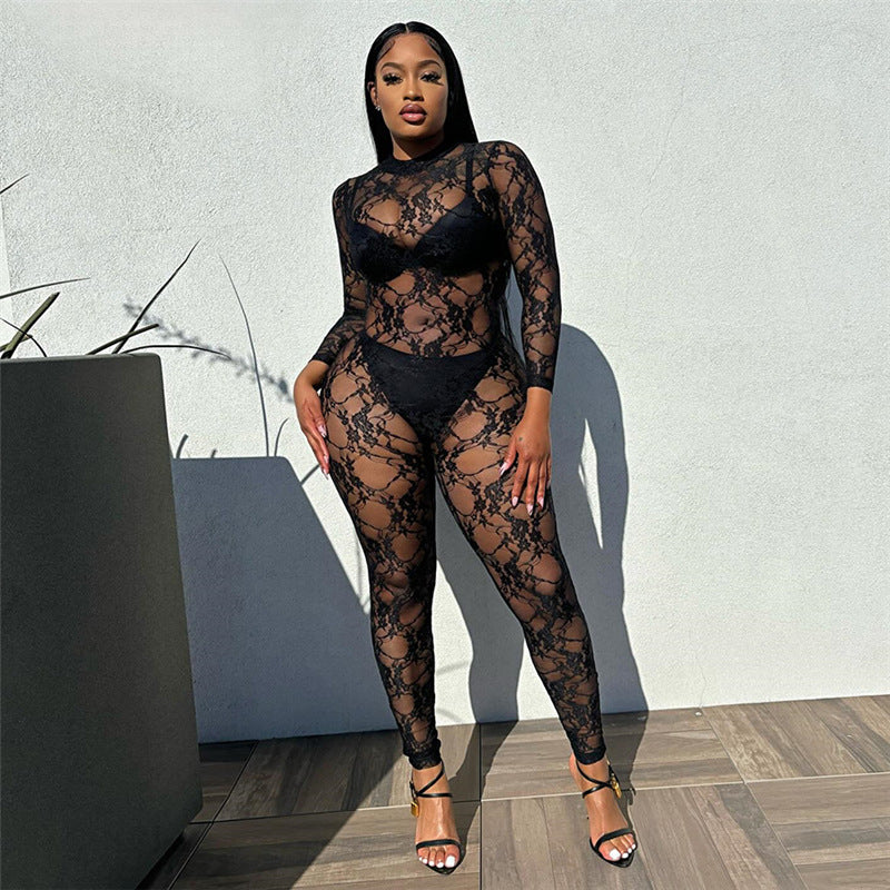 Women's Spring Summer Style Street Sexy See-Through Round Neck Long Sleeve Lace Tight Fitting Jumpsuit