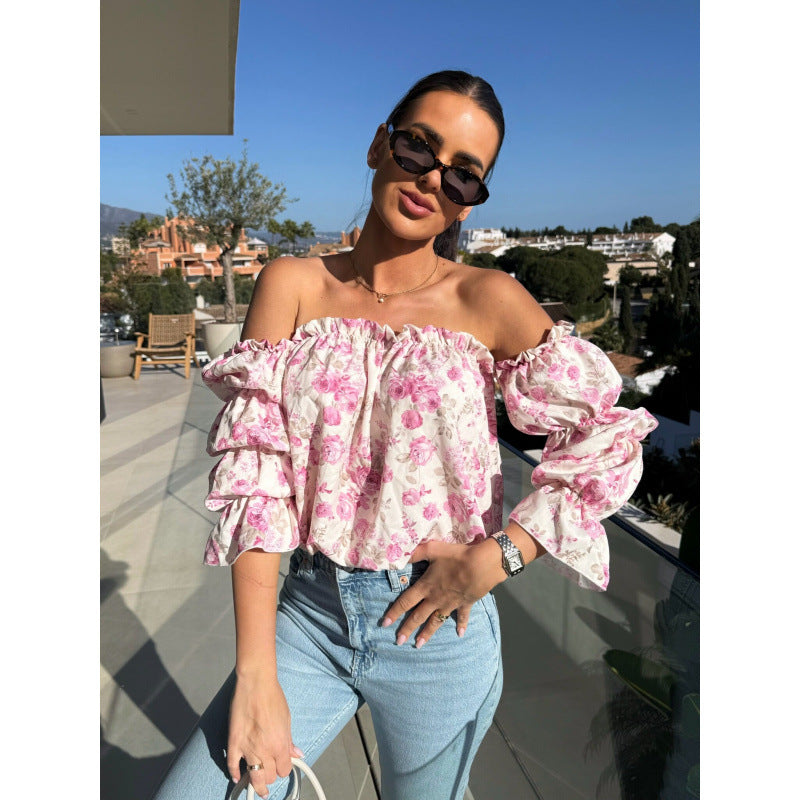 Off-Shoulder Solid Color Sexy Floral Print Long-Sleeve Shirt 8