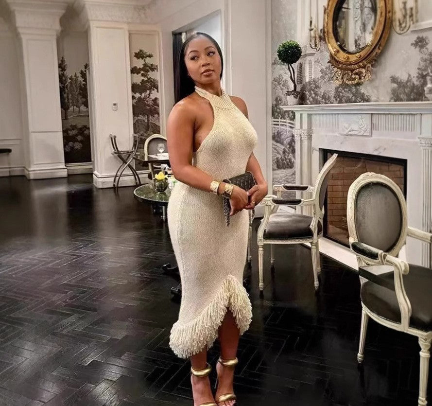 Women’s Sexy Halter Neck Low Back High-Waist Bodycon Fringe Knit Dress 6