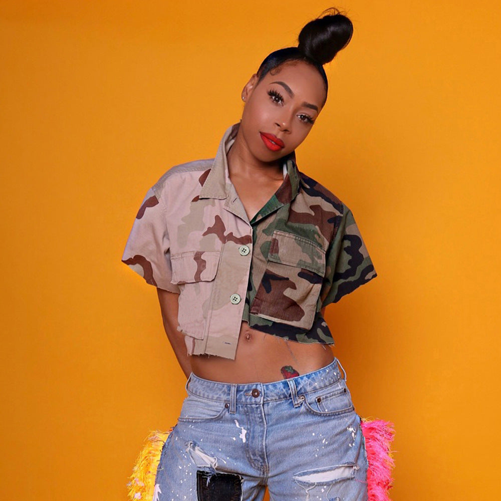 Autumn Contrasting Color Camouflage Pocket Loose Street Trendy Women'S Tops