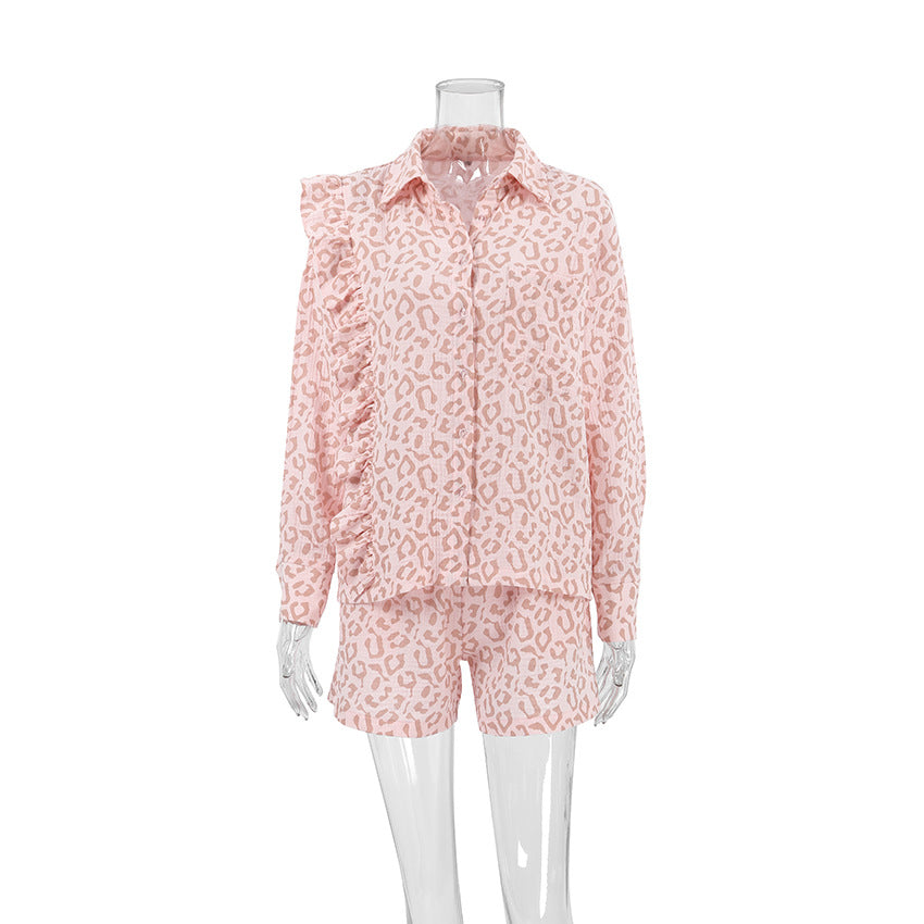 pink leopard print fashion long-sleeved shrit shorts two piece set 6