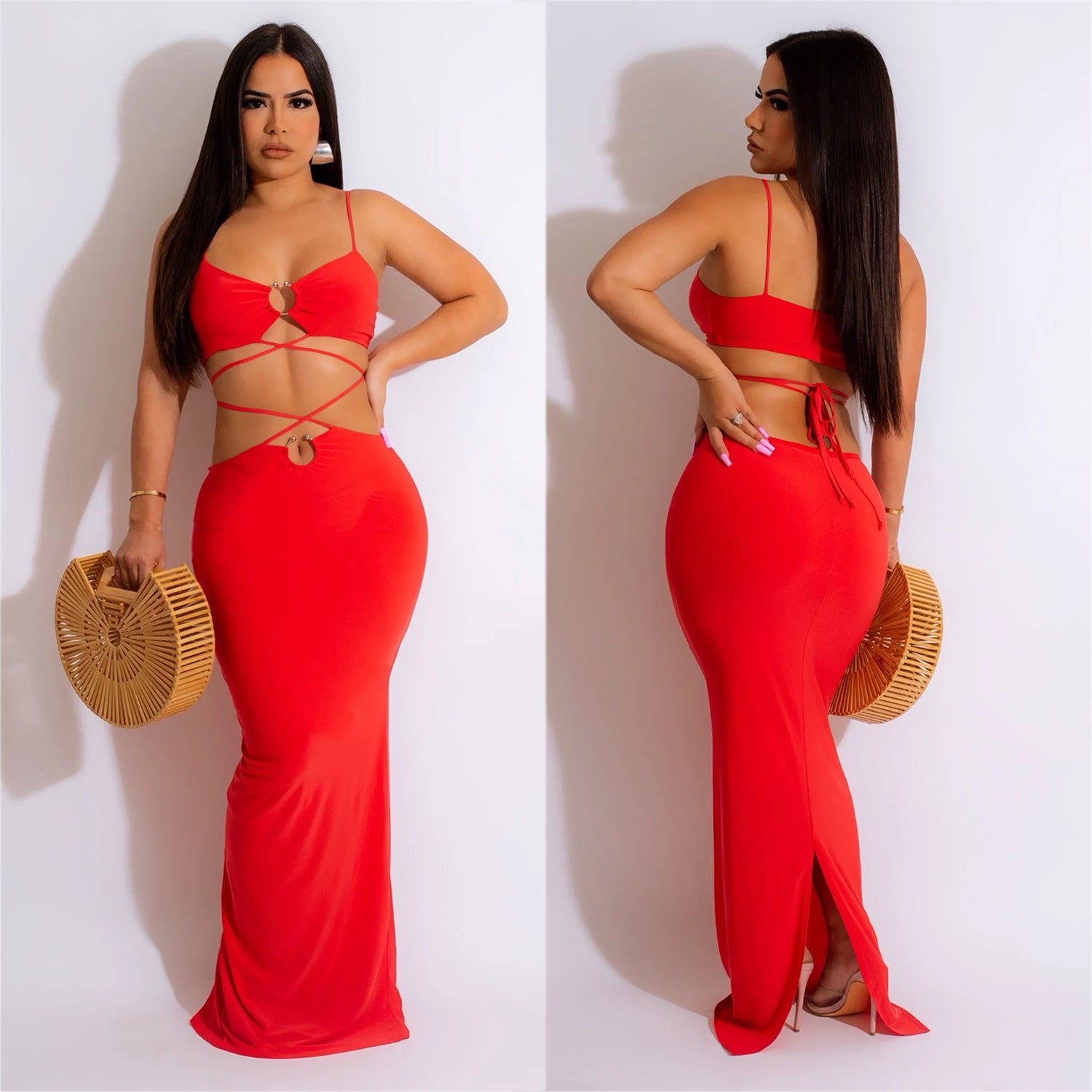 Women's Fashion Solid Color Lace-Up Sleeveless Straps Maxi Dress 5