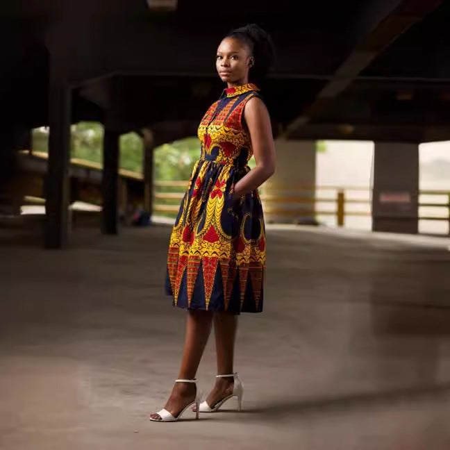 Sexy Printed Turndown Collar Sleeveless Slim Waist African Dress 3