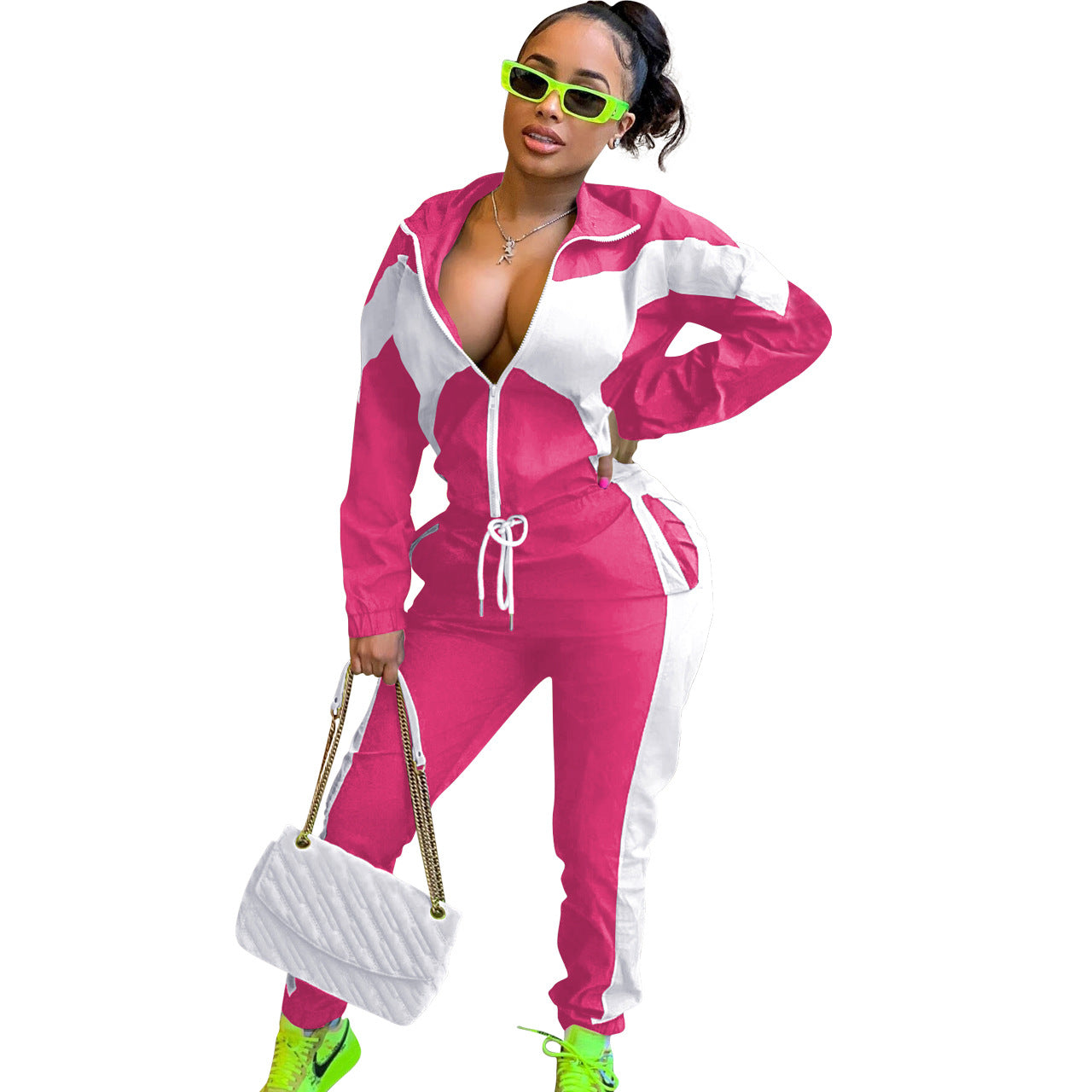 Women'S Casual Fashion Colorblock Zipper Two Piece Women'S Sport Pants Set 16