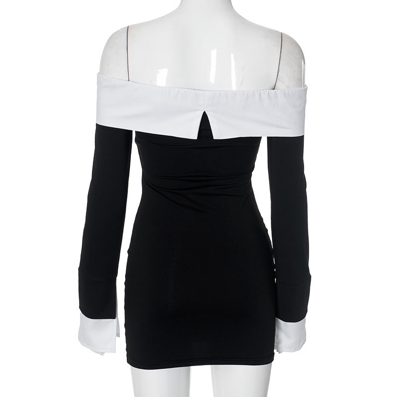 Women contrast Off Shoulder long sleeve Bodycon dress 8