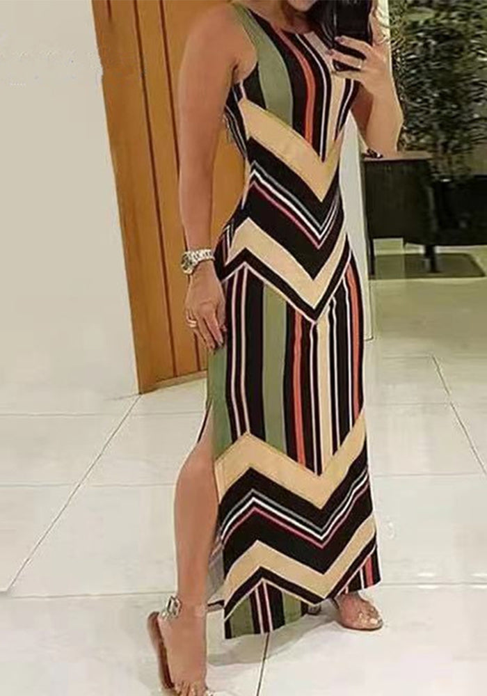 Striped print slim sexy slit sleeveless long dress for women