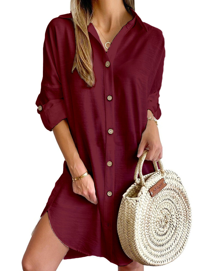 Autumn Casual Long Sleeve Turndown Collar Button Shirt Dress For Women 13