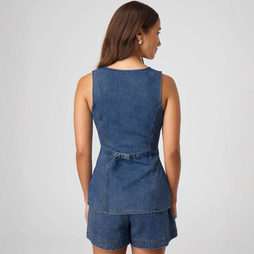 Fashion Casual Sleeveless High-Waist Women's Denim Vest Shorts Two Piece Set