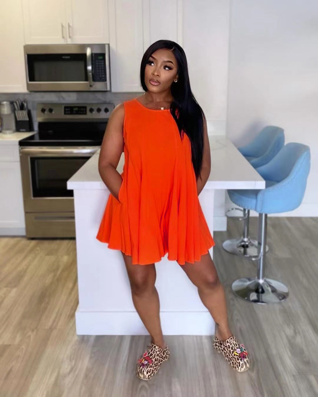 Women's Spring/Summer Solid Color Round Neck Sleeveless Casual Mini Dress 7