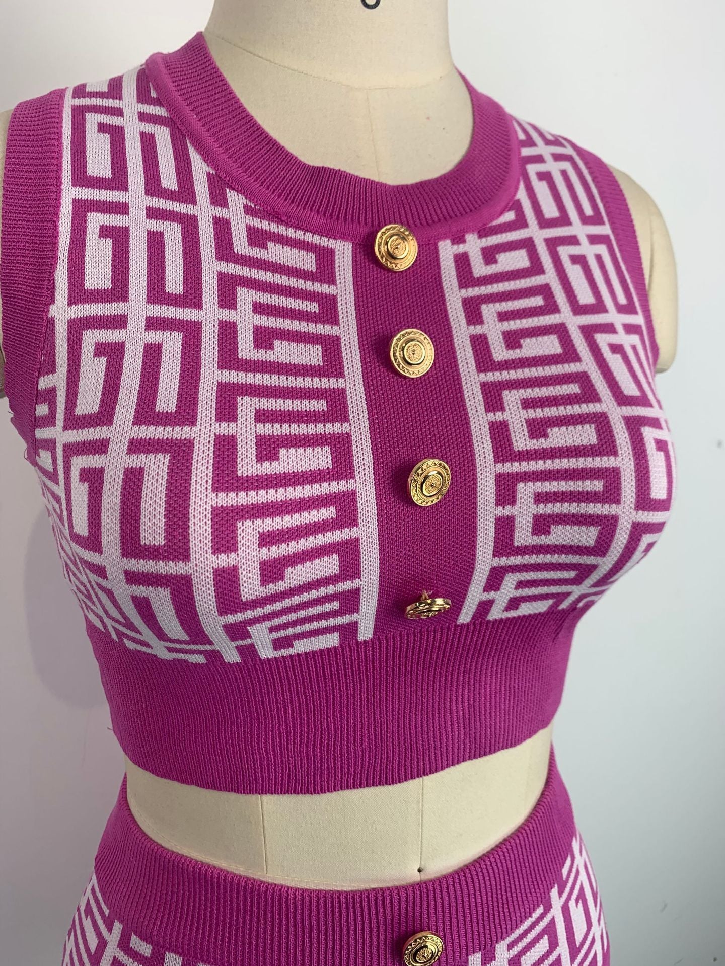 Women Round Neck Sleeveless Geometric Pattern Top and Skirt Two-Piece Set 26