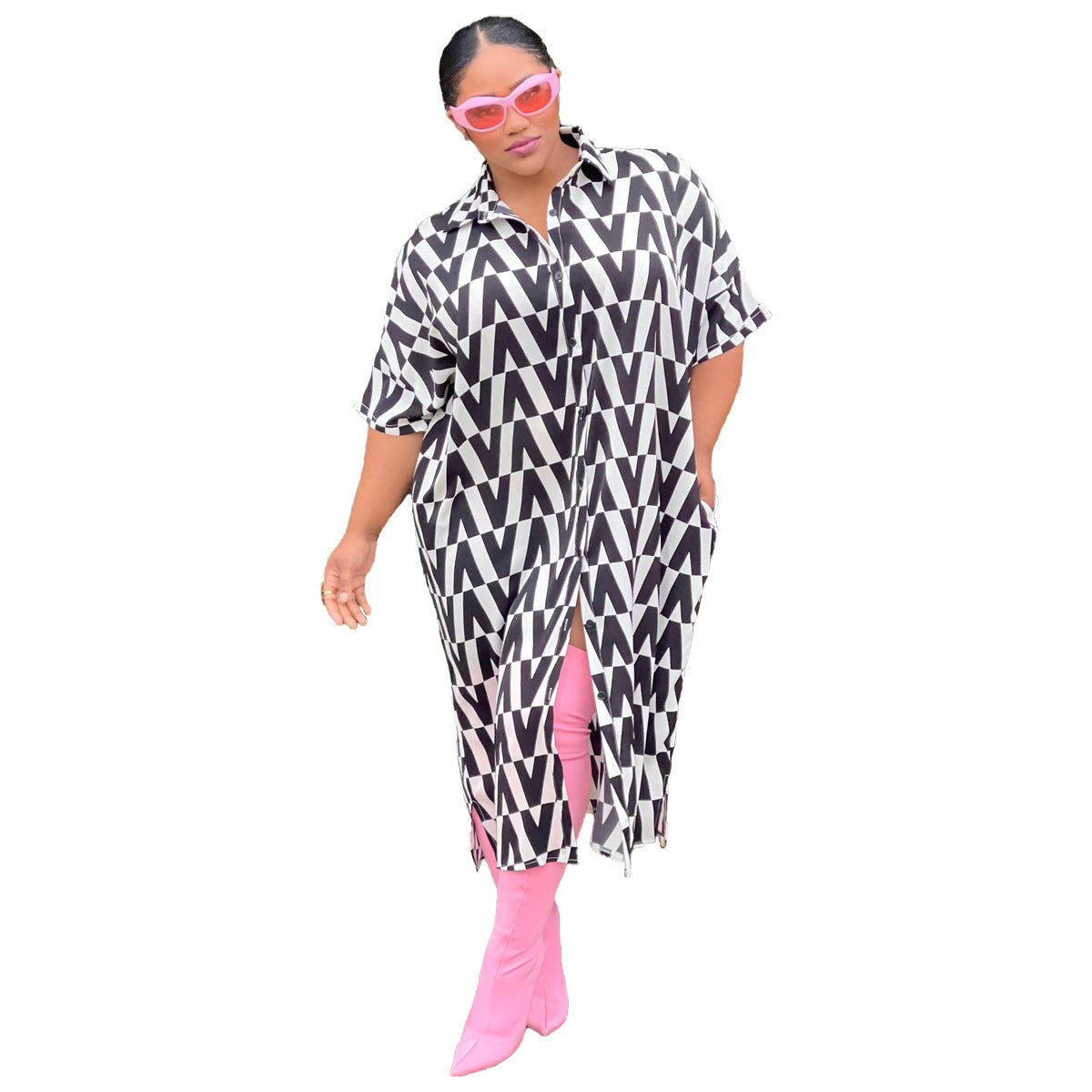 Plus Size Women Summer Printed Loose Shirt Dress 6