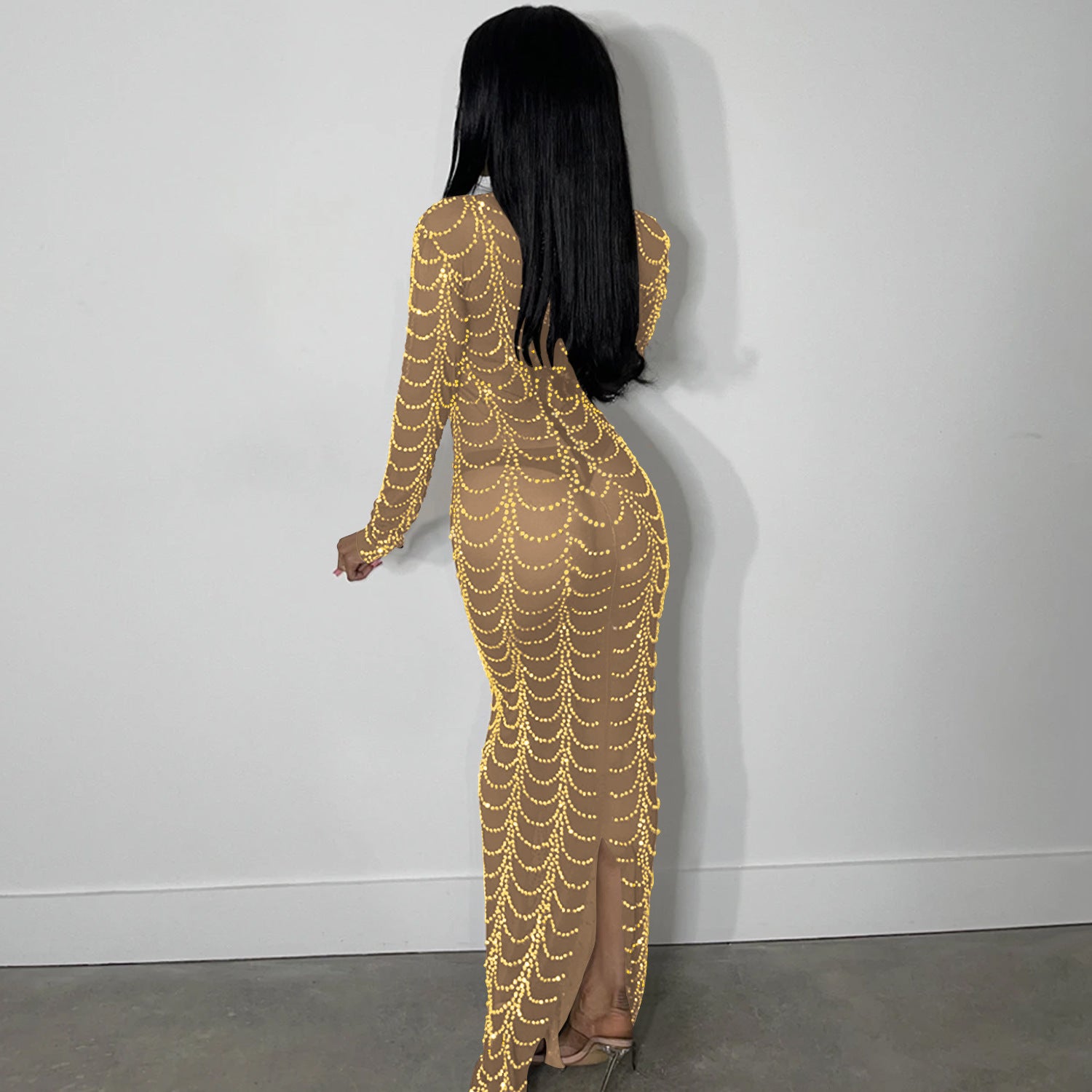 sexy rhinestone bead long sleeve see through long club dress 7