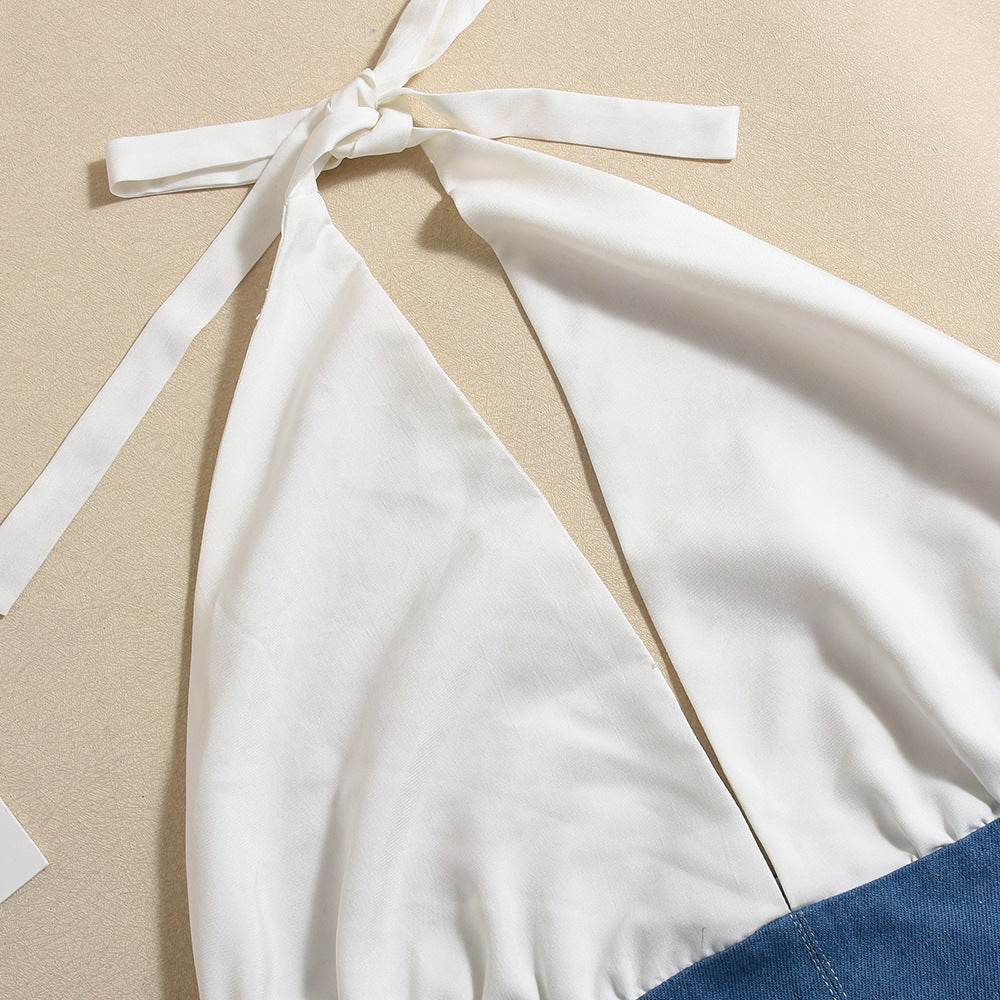 Women Fall Sexy Backless Lace-Up Contrast Patchwork Halter Neck Dress 11