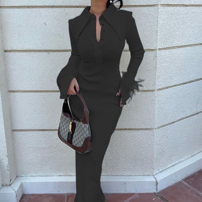 Women Turndown Collar Long Sleeve Feather Maxi Dress 3